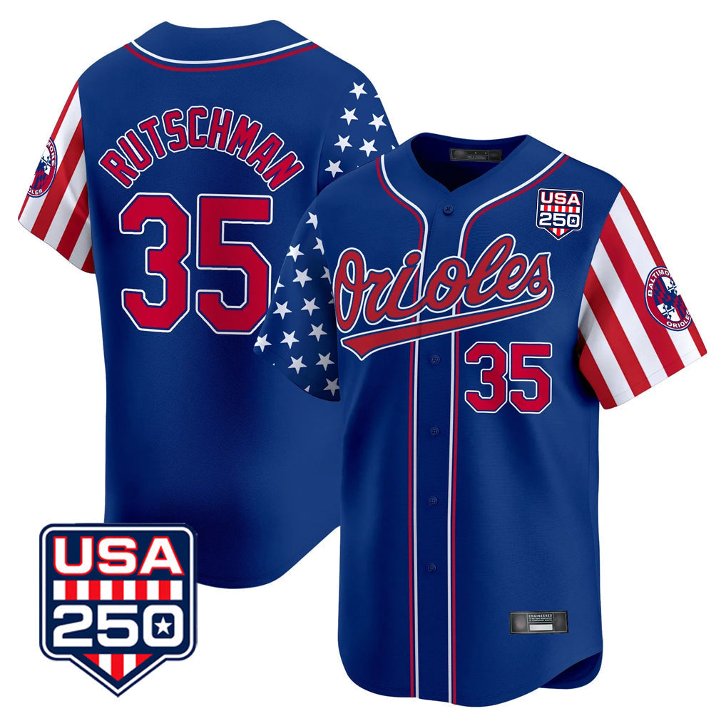 tocy B.Orioles #35 Adley Rutschman Player Royal USA 250 Independence Day Vapor Premier Limited Home Game Stitched Jerseys