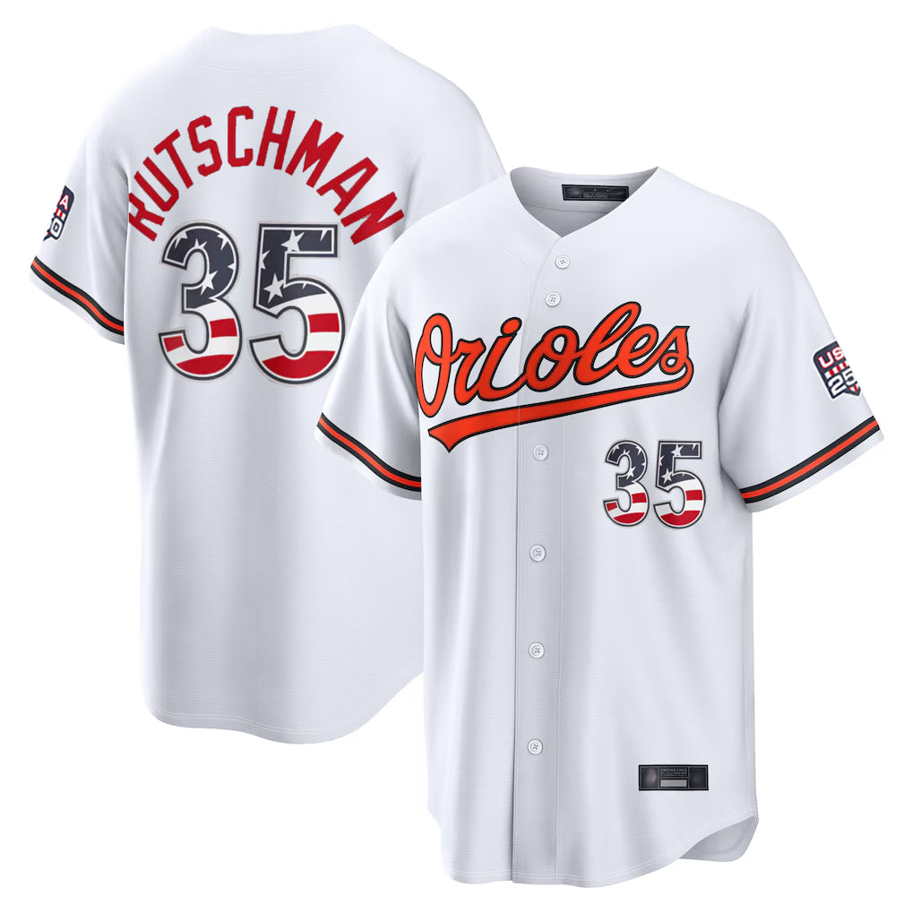 tocy B.Orioles #35 Adley Rutschman Player White USA 250 Fourth of July Home Game Stitched Jerseys