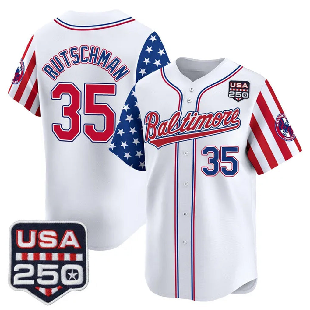 tocy B.Orioles #35 Adley Rutschman White USA 250 Independence Day Vapor Premier Limited Home Game Stitched Jerseys