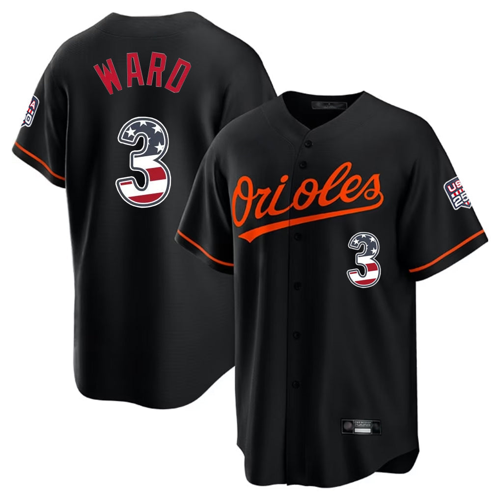 tocy B.Orioles #3 Taylor Ward Player Black USA 250 Fourth of July Home Game Stitched Jerseys