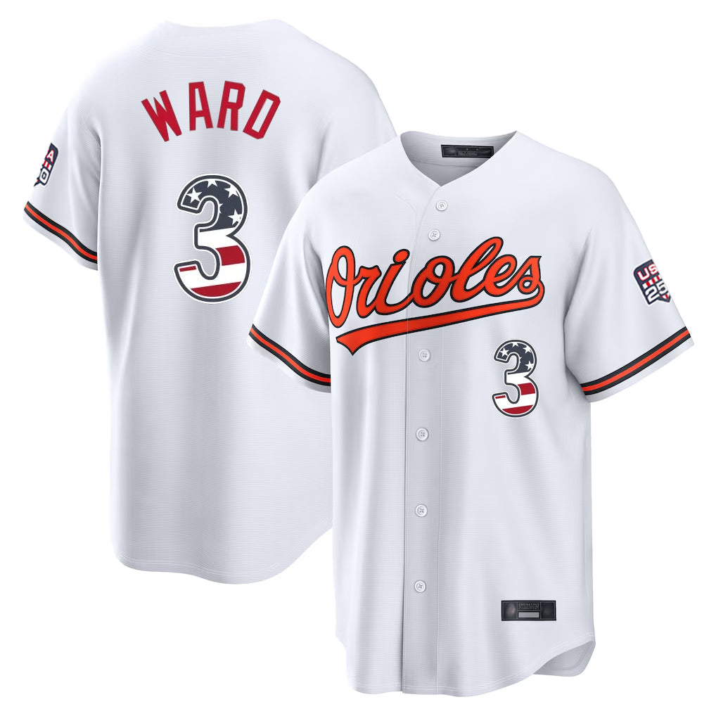 tocy B.Orioles #3 Taylor Ward Player White USA 250 Fourth of July Home Game Stitched Jerseys