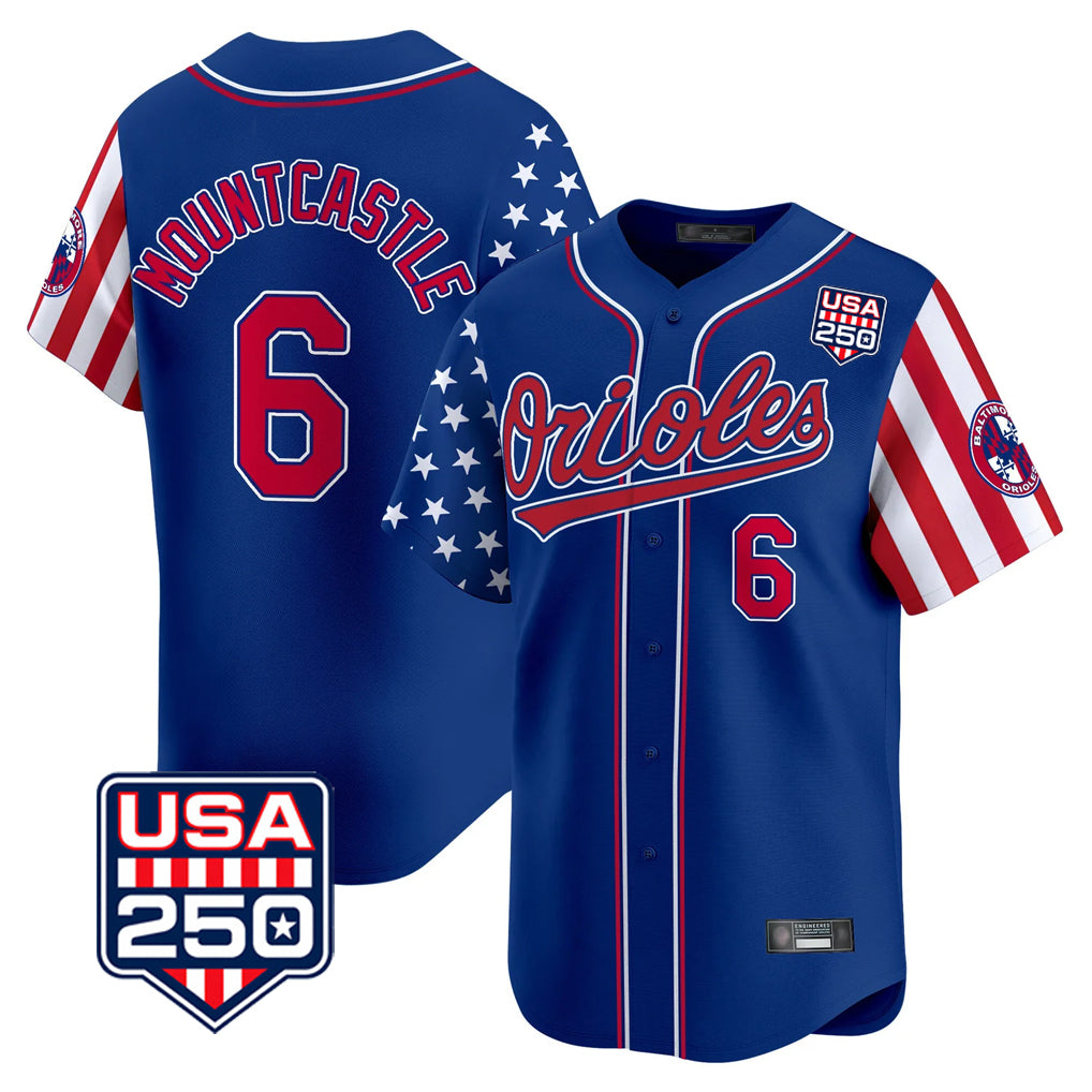 tocy B.Orioles #6 Ryan Mountcastle Player Royal USA 250 Independence Day Vapor Premier Limited Home Game Stitched Jerseys