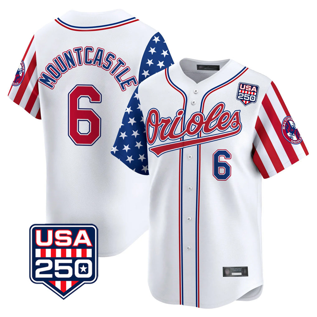 tocy B.Orioles #6 Ryan Mountcastle Player White USA 250 Independence Day Vapor Premier Home Game Stitched Jerseys