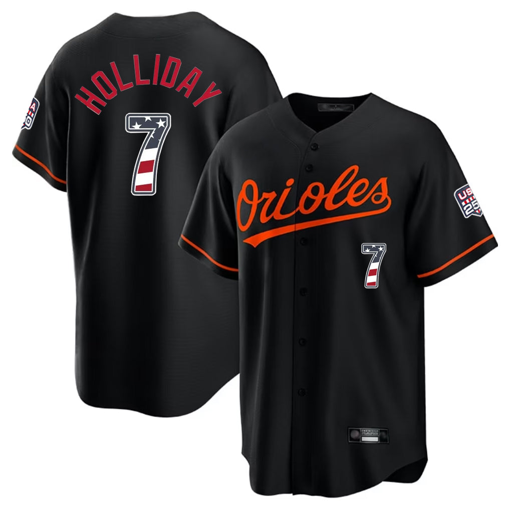 tocy B.Orioles #7 Jackson Holliday Player Black USA 250 Fourth of July Home Game Stitched Jerseys
