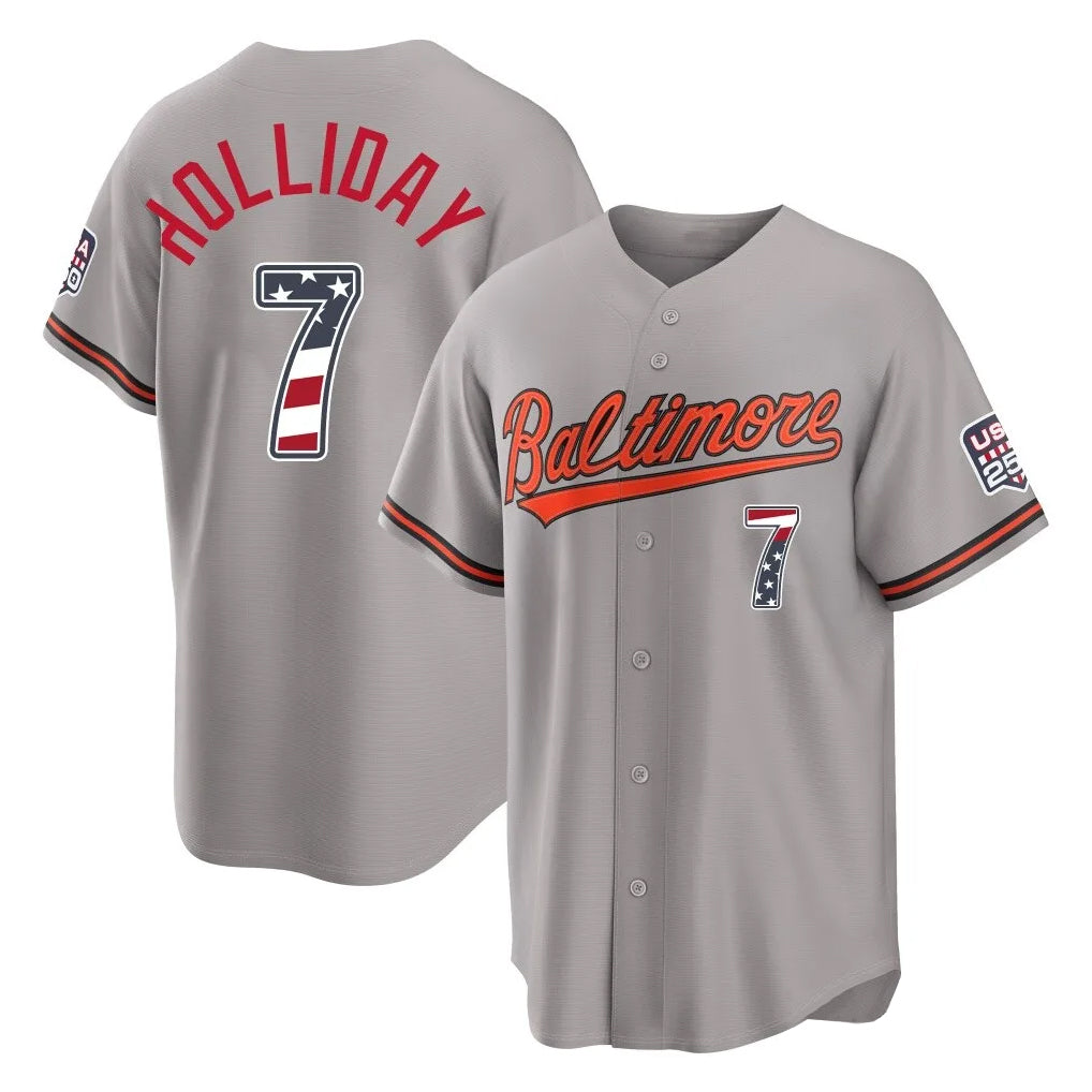 tocy B.Orioles #7 Jackson Holliday Player Gray USA 250 Fourth of July Home Game Stitched Jerseys