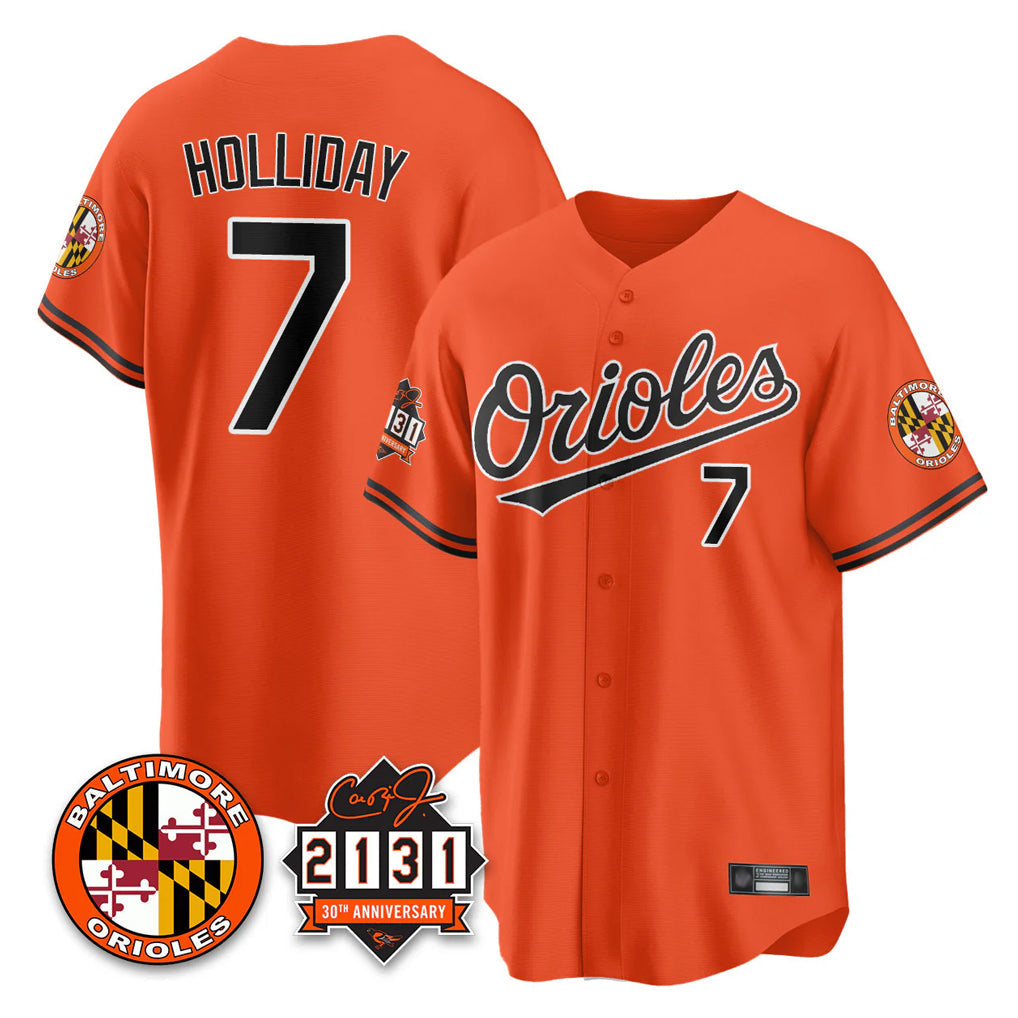 tocy B.Orioles #7 Jackson Holliday Player Orange 30th Anniversary of 2131 Home Game Stitched Jerseys