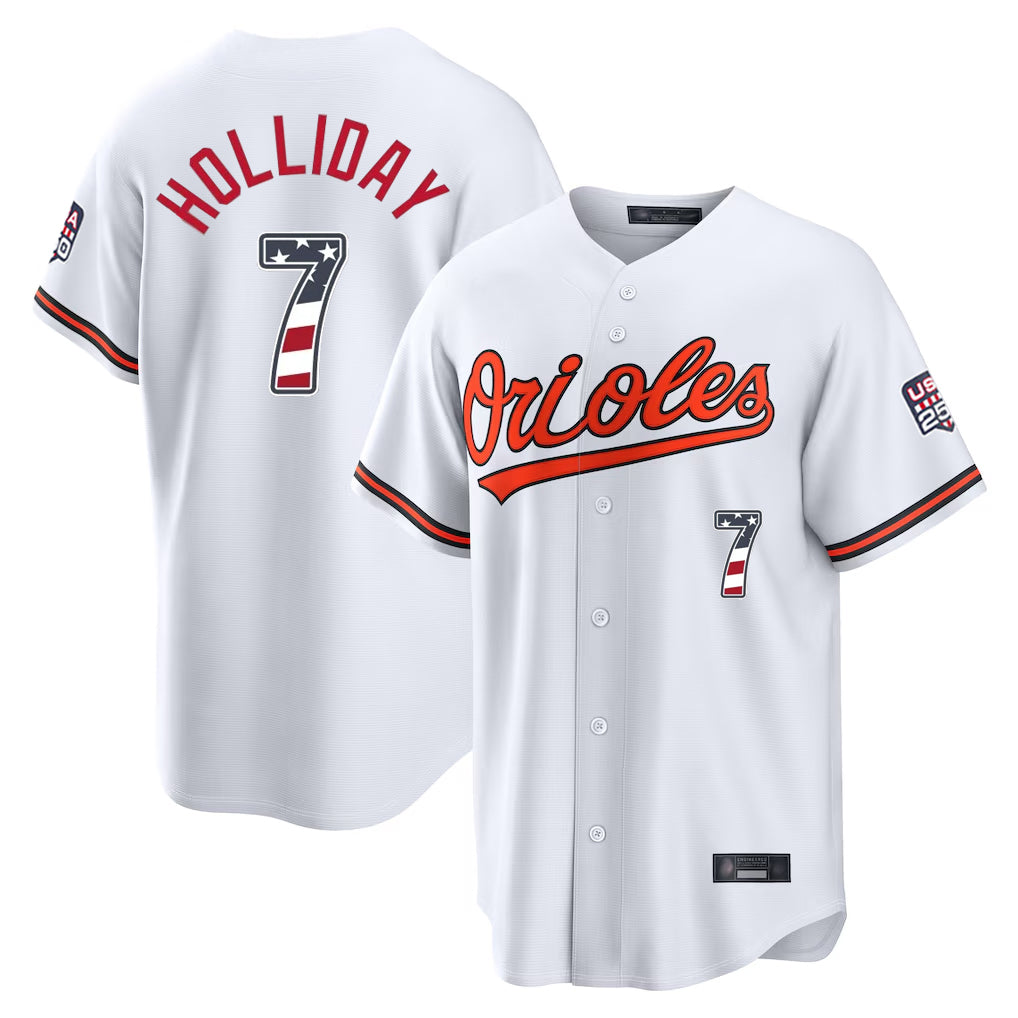 tocy B.Orioles #7 Jackson Holliday Player White USA 250 Fourth of July Home Game Stitched Jerseys