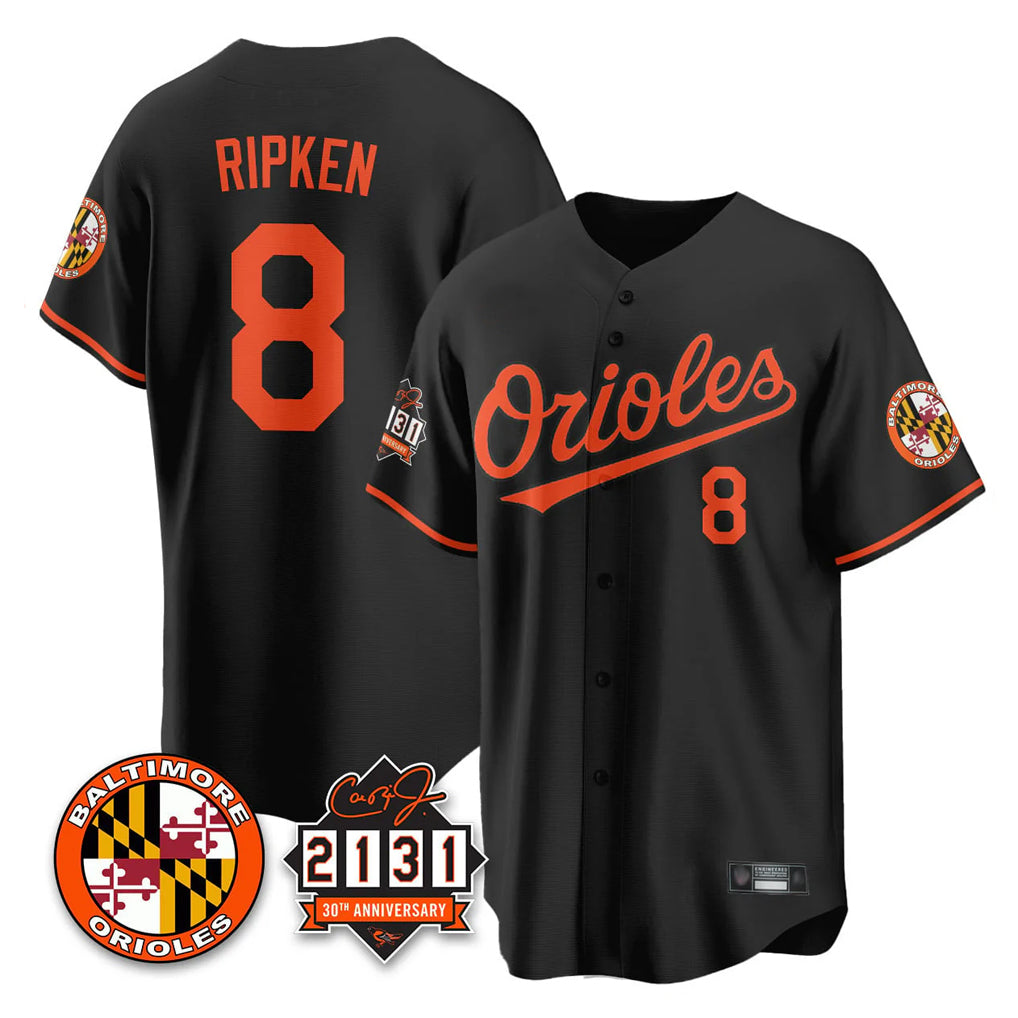 tocy B.Orioles #8 Cal Ripken Player Black 30th Anniversary of 2131 Home Game Stitched Jerseys