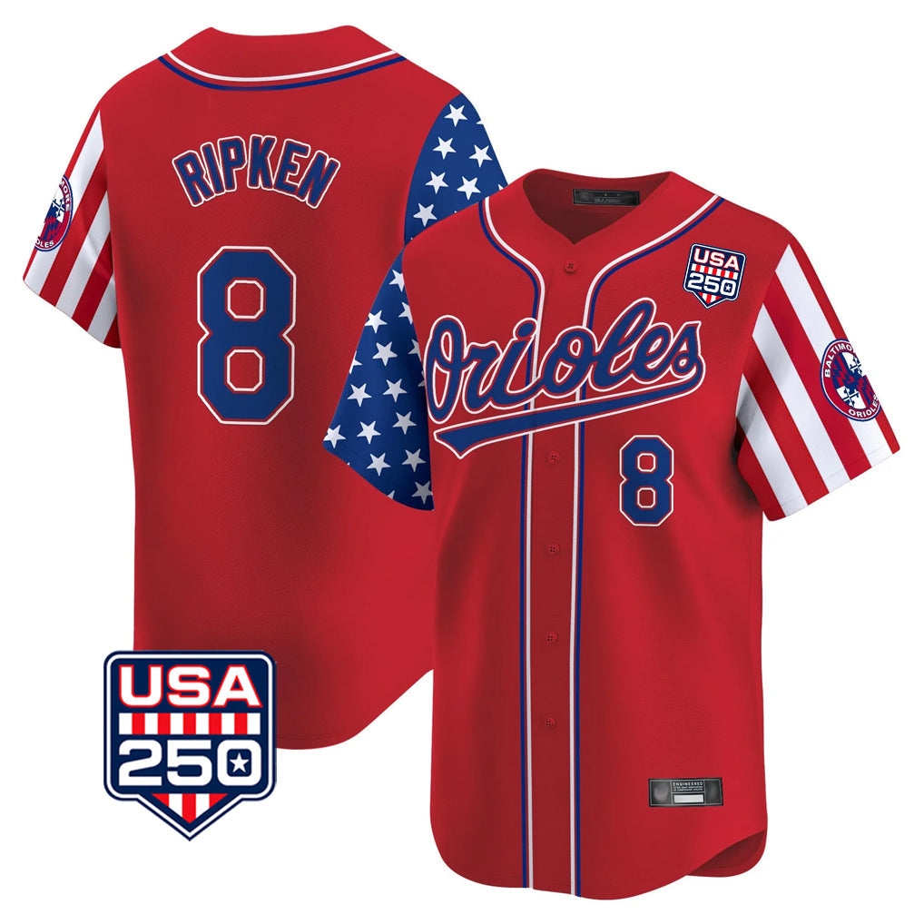 tocy B.Orioles #8 Cal Ripken Player Red USA 250 Independence Day Vapor Premier Limited Home Game Stitched Jerseys