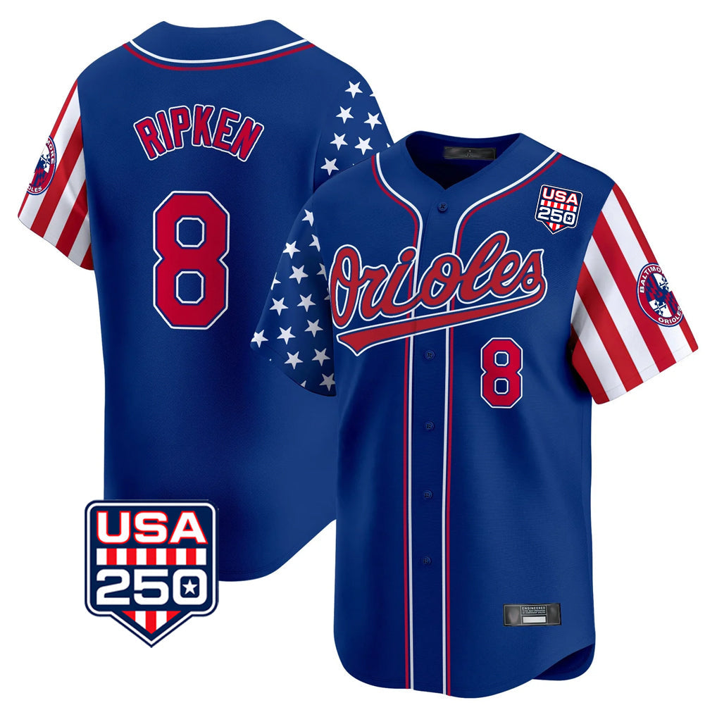 tocy B.Orioles #8 Cal Ripken Player Royal USA 250 Independence Day Vapor Premier Limited Home Game Stitched Jerseys