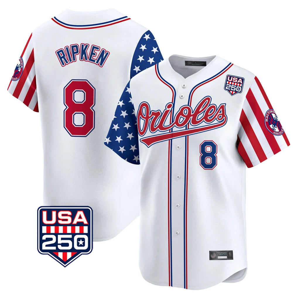 tocy B.Orioles #8 Cal Ripken Player White USA 250 Independence Day Vapor Premier Home Game Stitched Jerseys