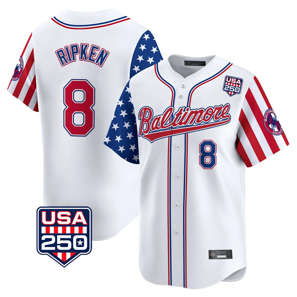 tocy B.Orioles #8 Cal Ripken Player White USA 250 Independence Day Vapor Premier Limited Home Game Stitched Jerseys