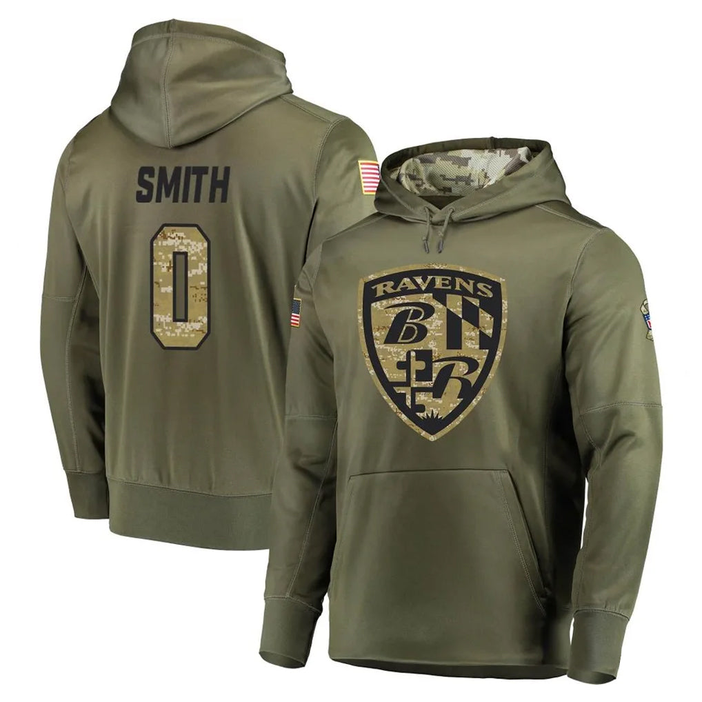 tocy B.Ravens #0 Roquan Smith Player Olive Salute to Service Pullover Hoodie Stitched Jerseys