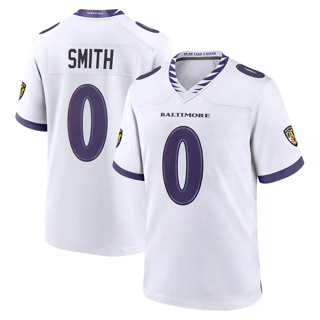 tocy B.Ravens #0 Roquan Smith Player White Purple Home Game Stitched Jerseys