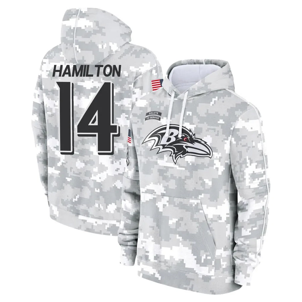 tocy B.Ravens #14 Kyle Hamilton Player Arctic Camo Salute to Service Pullover Hoodie Stitched Jerseys