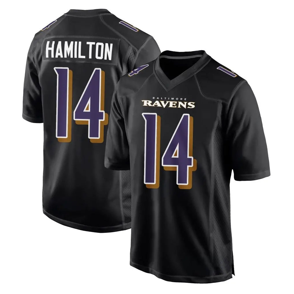 tocy B.Ravens #14 Kyle Hamilton Player Black Carbon Fashion Game Home Stitched Jerseys