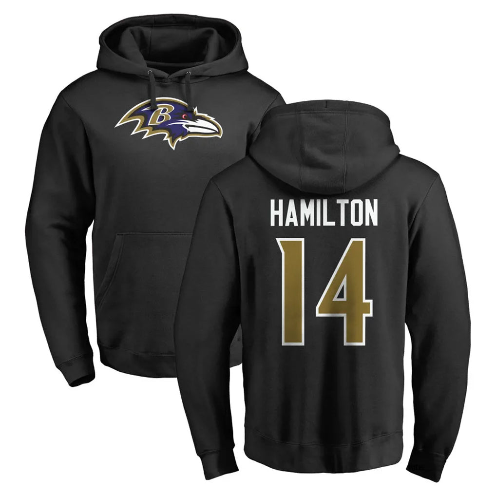 tocy B.Ravens #14 Kyle Hamilton Player Black Pullover Hoodie Stitched Jerseys