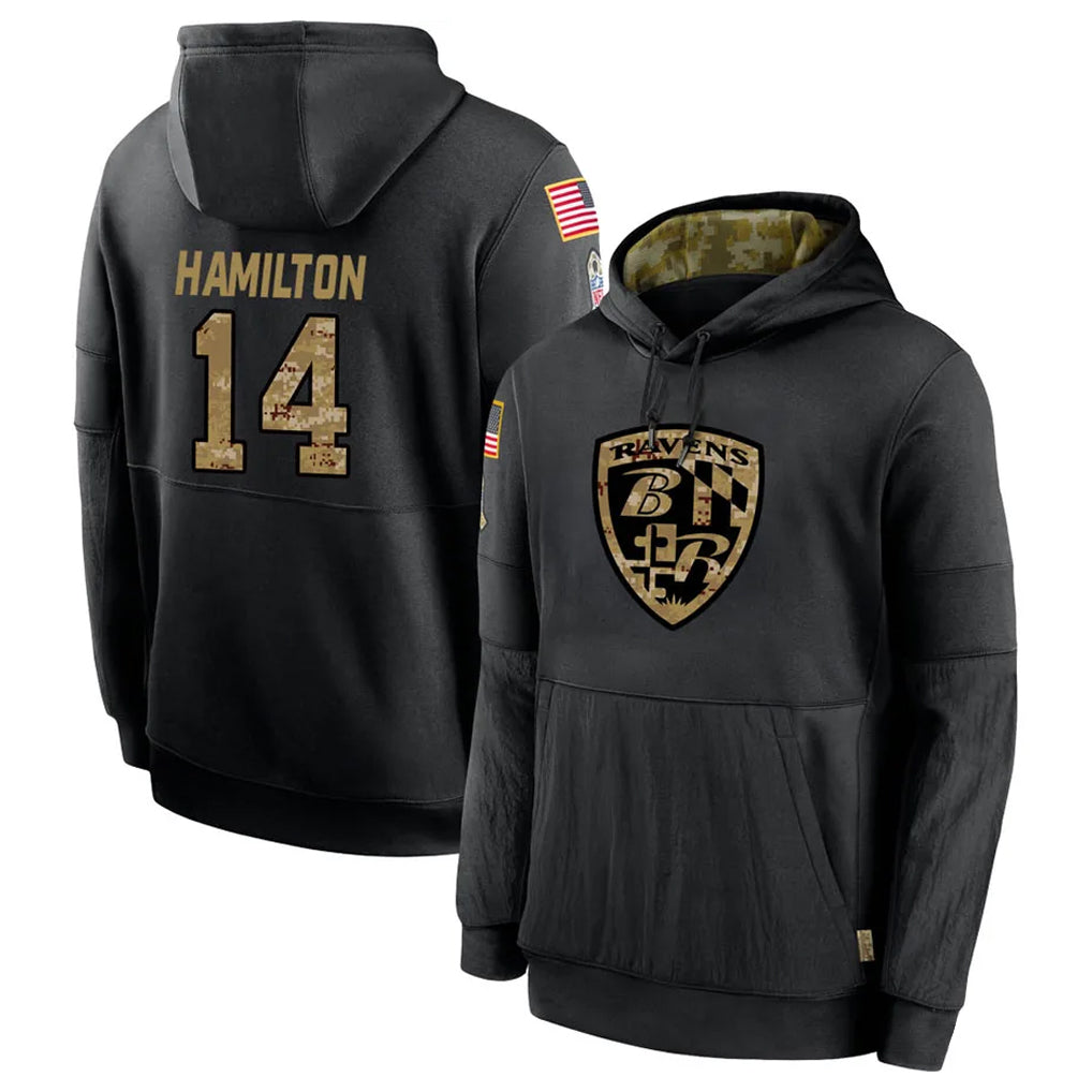 tocy B.Ravens #14 Kyle Hamilton Player Black Salute to Service Pullover Hoodie Stitched Jerseys