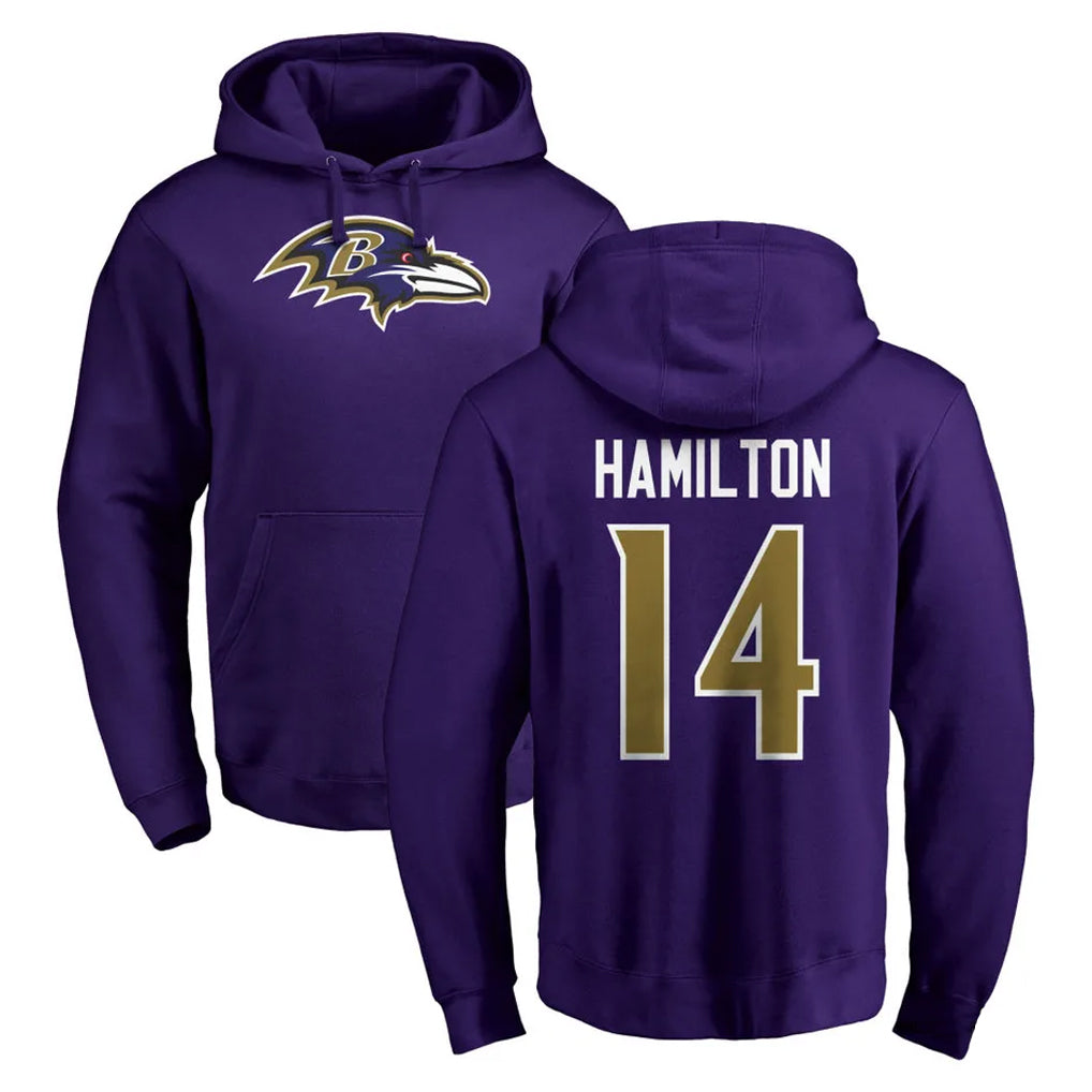 tocy B.Ravens #14 Kyle Hamilton Player Purple Salute to Service Pullover Hoodie Stitched Jerseys