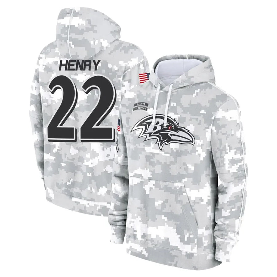 tocy B.Ravens #22 Derrick Henry Player Arctic Camo Salute To Service Hoodie Stitched Jerseys
