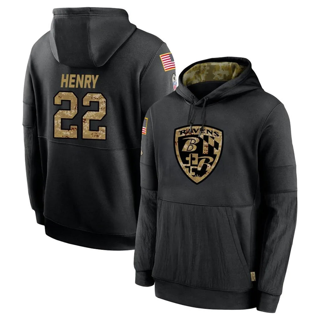 tocy B.Ravens #22 Derrick Henry Player Black Salute to Service Pullover Hoodie Stitched Jerseys