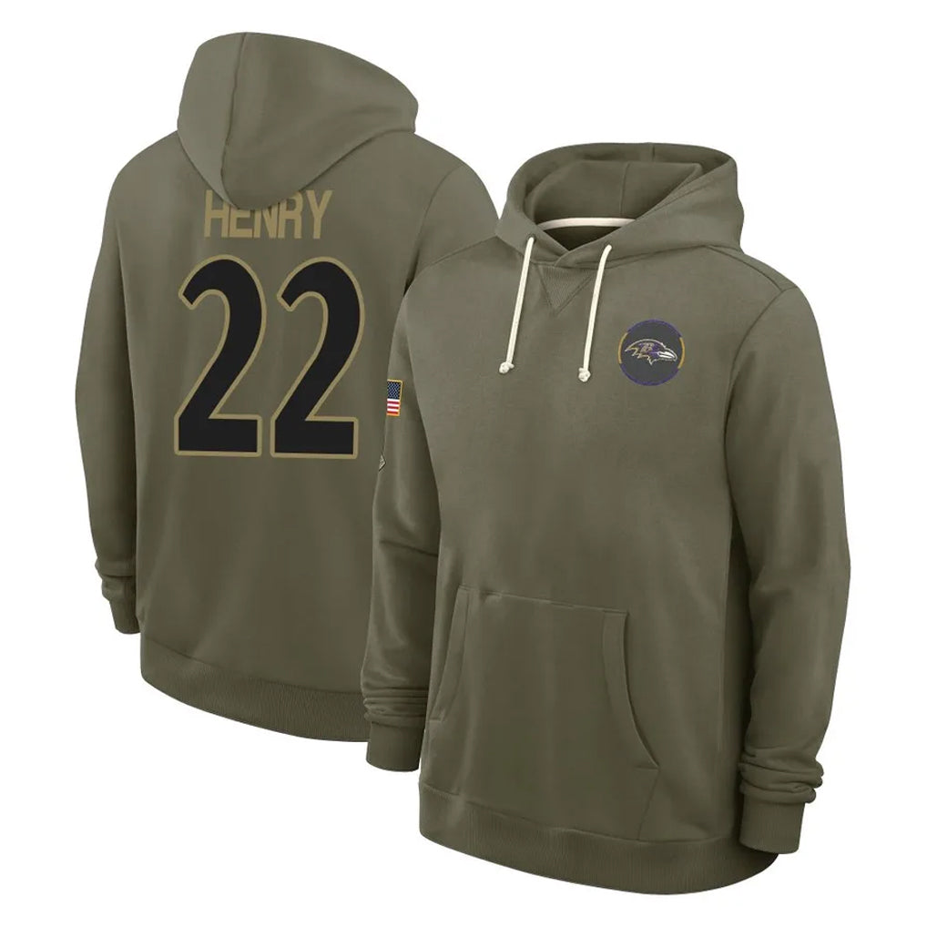 tocy B.Ravens #22 Derrick Henry Player Olive Salute to Service Hoodie Stitched Jerseys