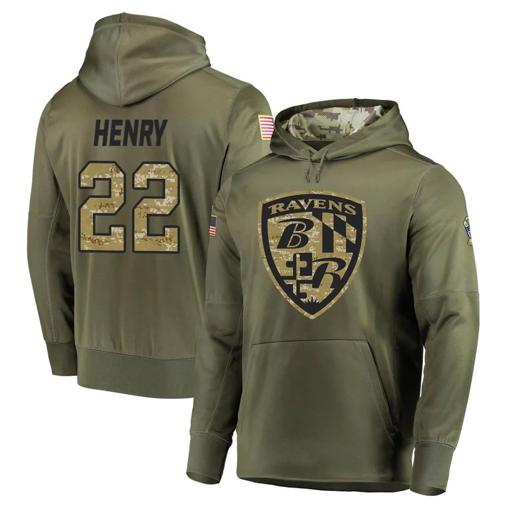 tocy B.Ravens #22 Derrick Henry Player Olive Salute to Service Pullover Hoodie Stitched Jerseys