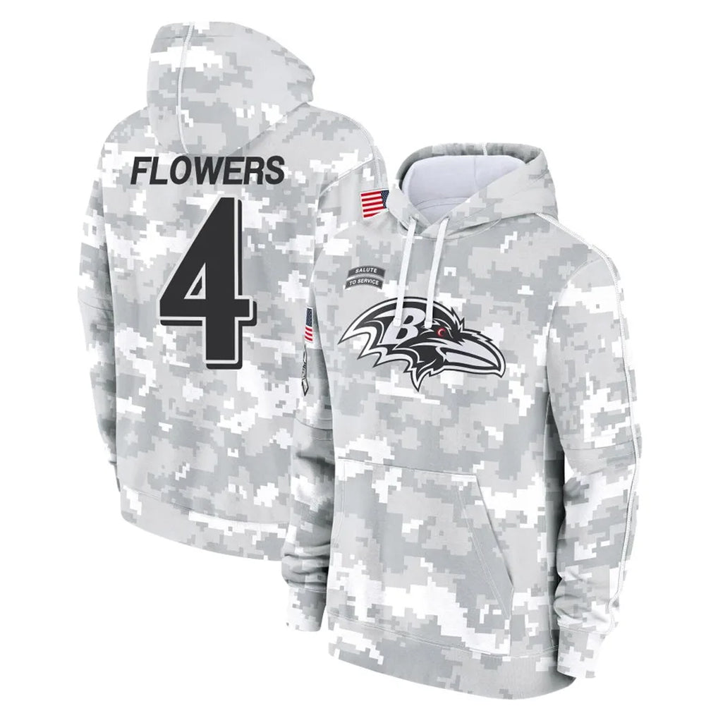 tocy B.Ravens #4 Zay Flowers Player Arctic Camo Salute to Service Pullover Hoodie Stitched Jerseys