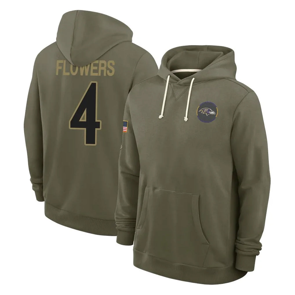 tocy B.Ravens #4 Zay Flowers Player Olive Salute to Service Hoodie Stitched Jerseys