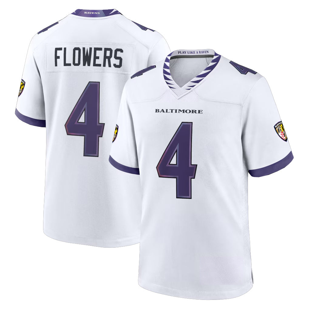 tocy B.Ravens #4 Zay Flowers Player White Home Game Stitched Jerseys