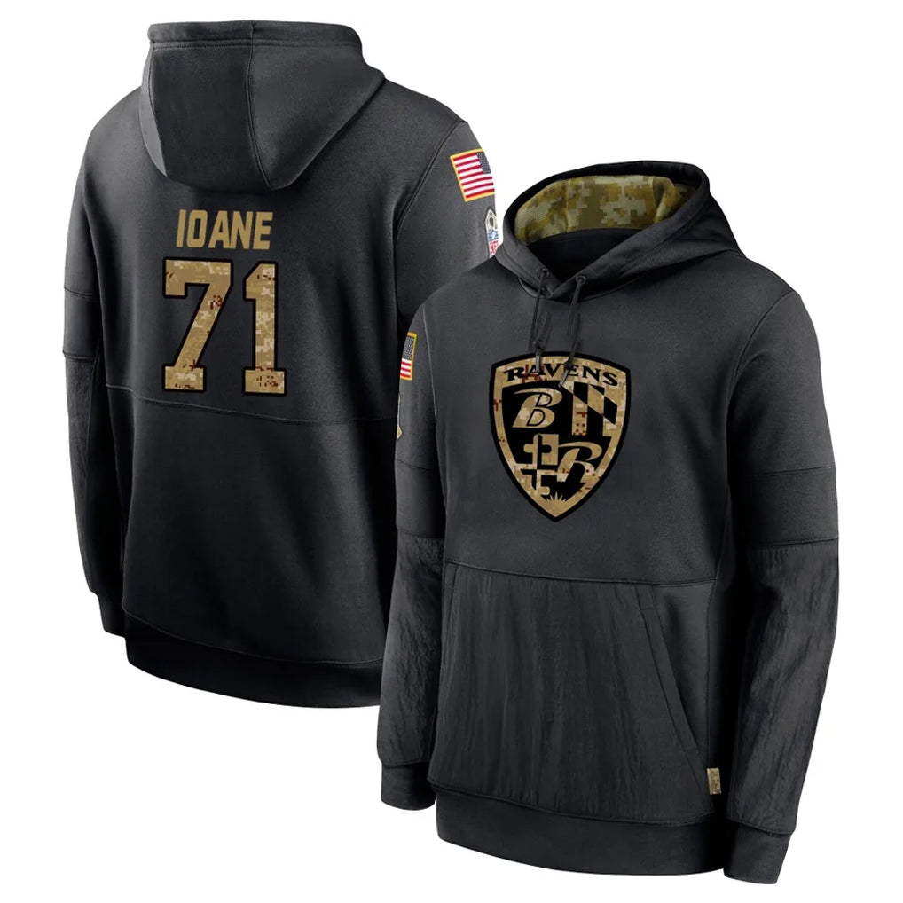 tocy B.Ravens #71 Olaivavega Ioane Player Black Salute to Service Pullover Hoodie Stitched Jerseys