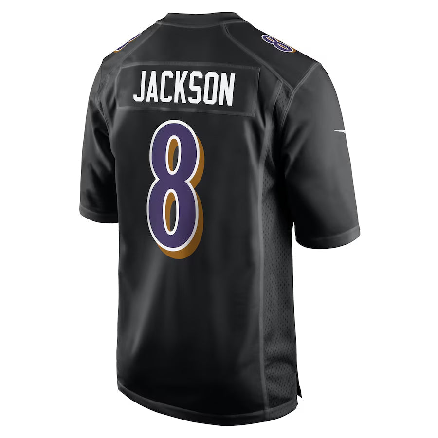 tocy B.Ravens #8 Lamar Jackson Player Black Carbon Fashion Home Game Stitched Jerseys