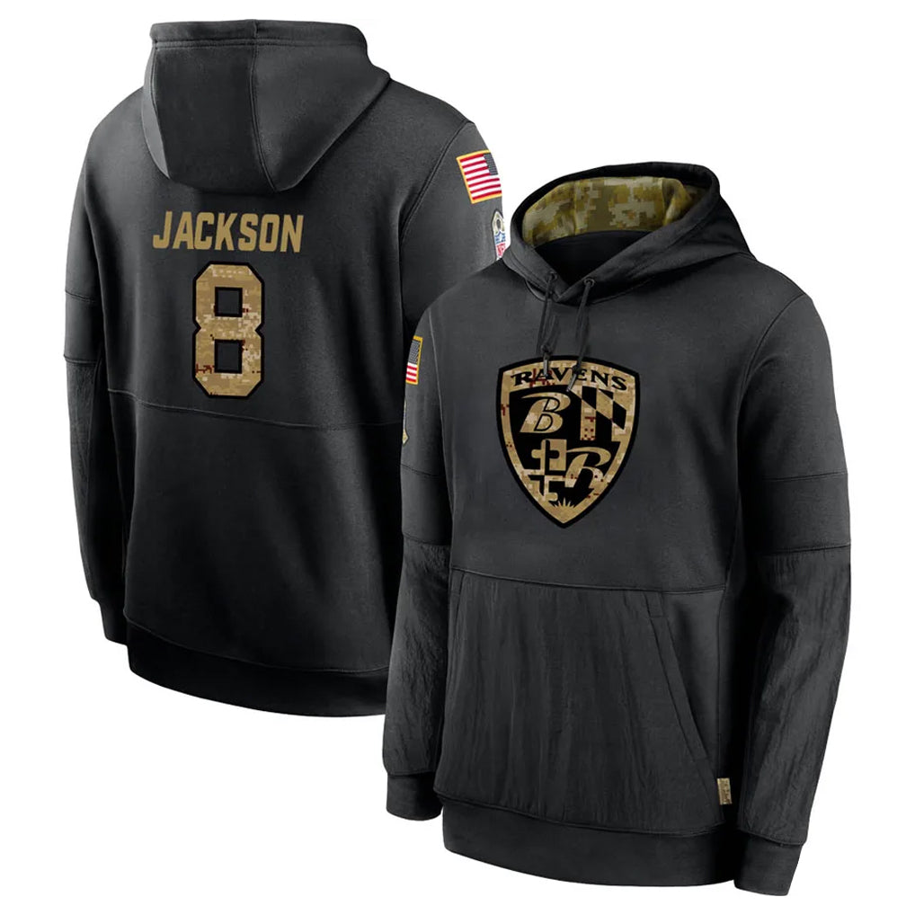 tocy B.Ravens #8 Lamar Jackson Player Black Salute to Service Pullover Hoodie Stitched Jerseys