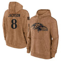tocy B.Ravens #8 Lamar Jackson Player Brown Salute to Service Pullover Hoodie Stitched Jerseys