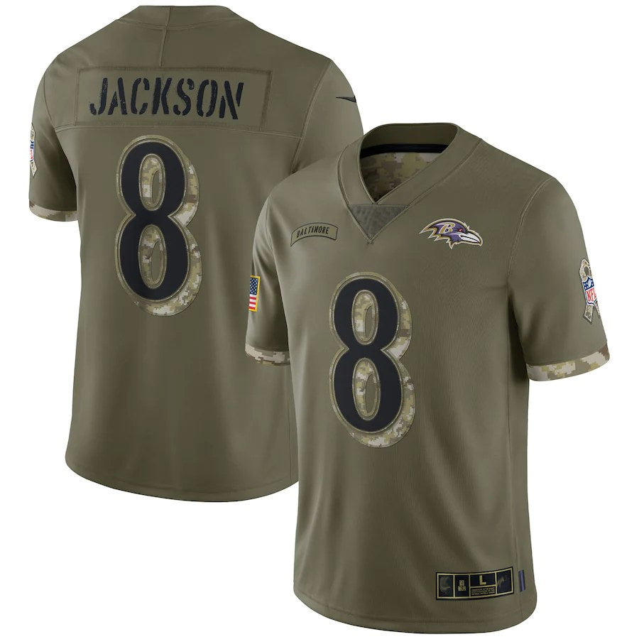 tocy B.Ravens #8 Lamar Jackson Player Olive Salute To Service Stitched Jerseys