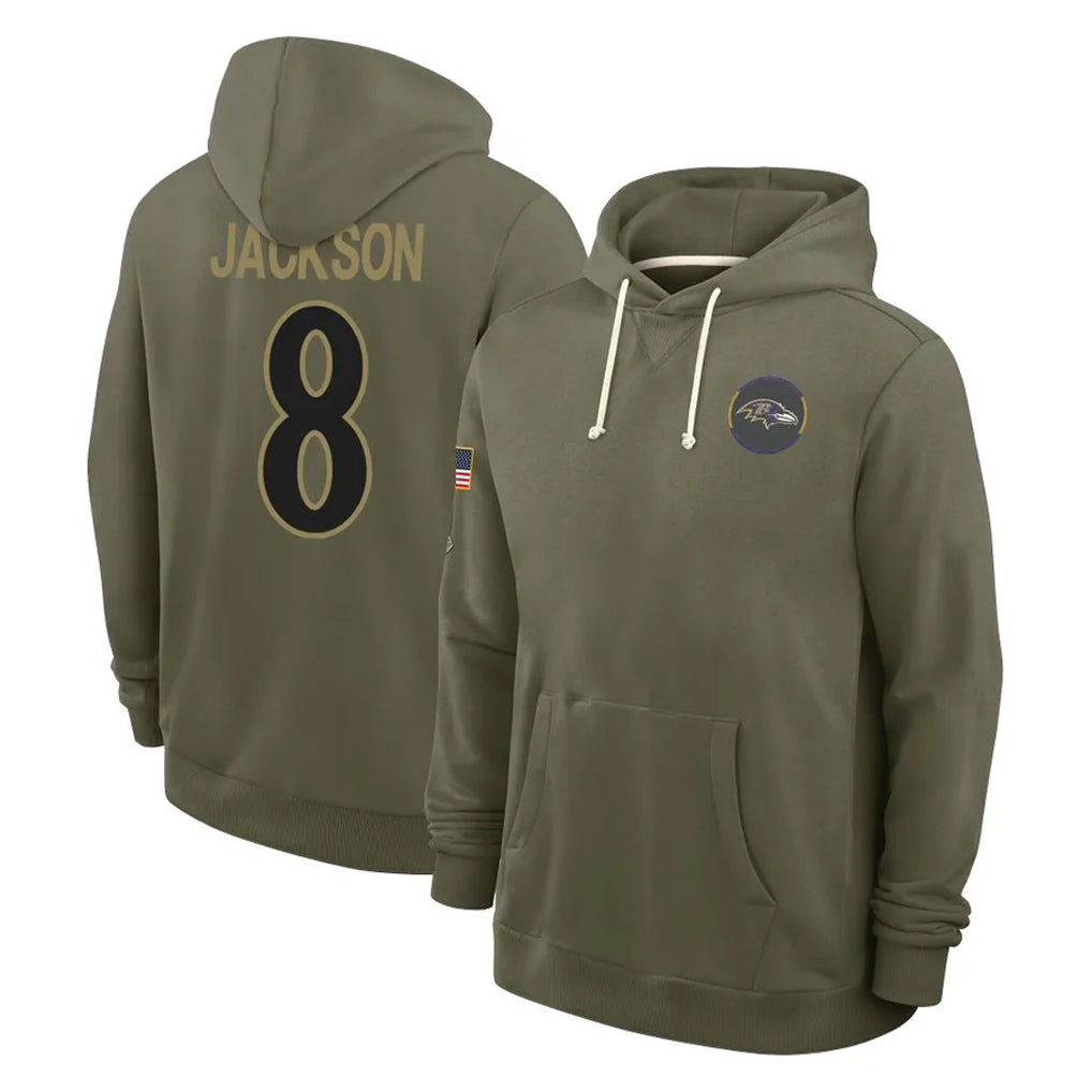 tocy B.Ravens #8 Lamar Jackson Player Olive Salute to Service Hoodie Stitched Jerseys