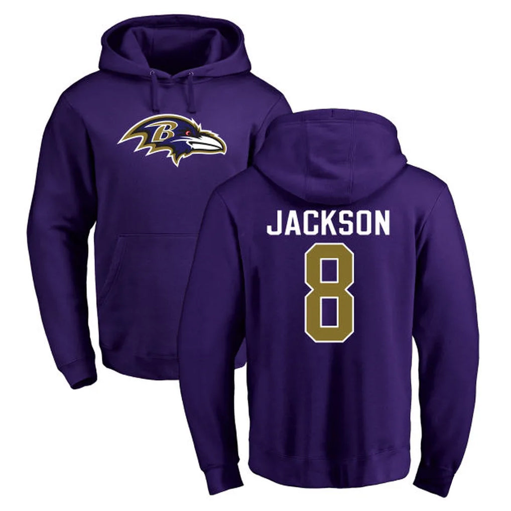 tocy B.Ravens #8 Lamar Jackson Player Purple Salute to Service Pullover Hoodie Stitched Jerseys