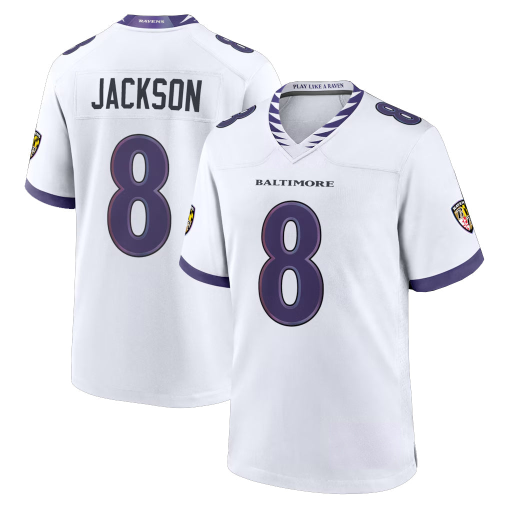tocy B.Ravens #8 Lamar Jackson Player White Home Game Stitched Jerseys