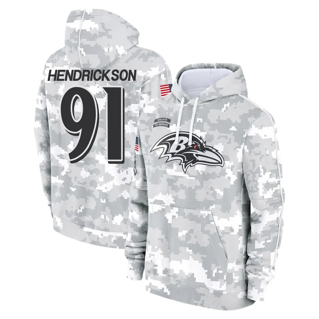tocy B.Ravens #91 Trey Hendrickson Player Arctic Camo Salute To Service Hoodie Stitched Jerseys