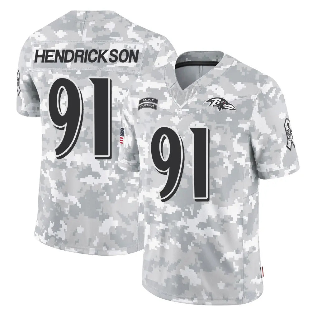 tocy B.Ravens #91 Trey Hendrickson Player Arctic Camo Salute to Service Limited Stitched Jerseys