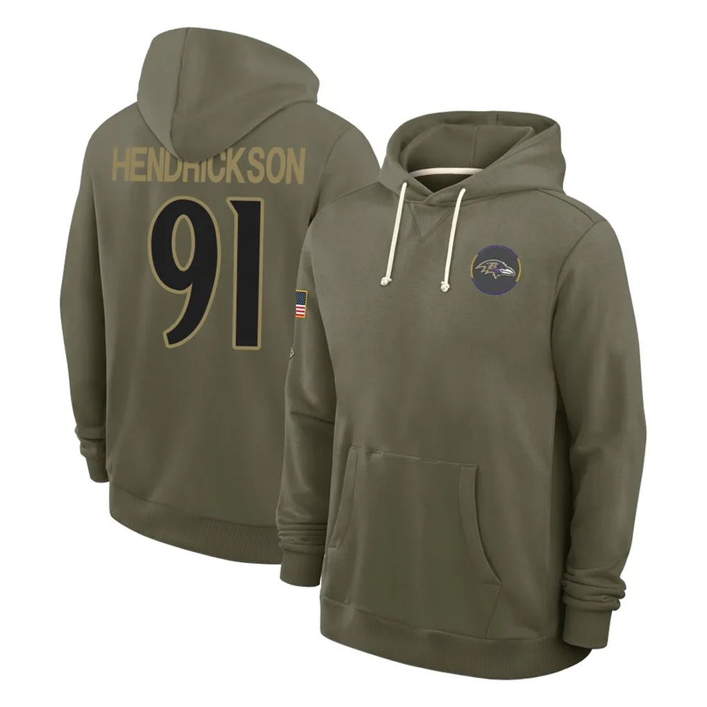 tocy B.Ravens #91 Trey Hendrickson Player Olive Salute to Service Hoodie Stitched Jerseys