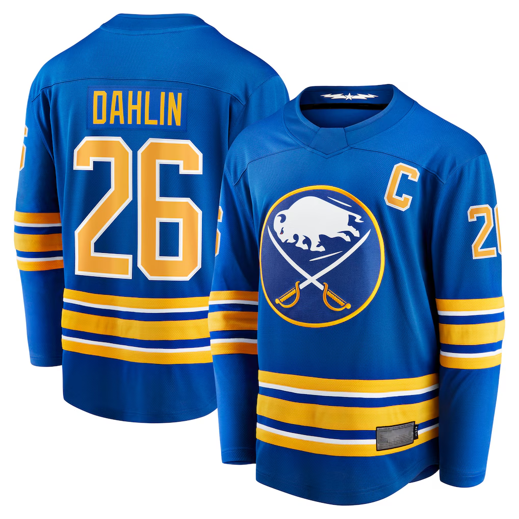 Tocy B.Sabres #26 Rasmus Dahlin Royal Home Captain Patch Breakaway Stitched Jerseys