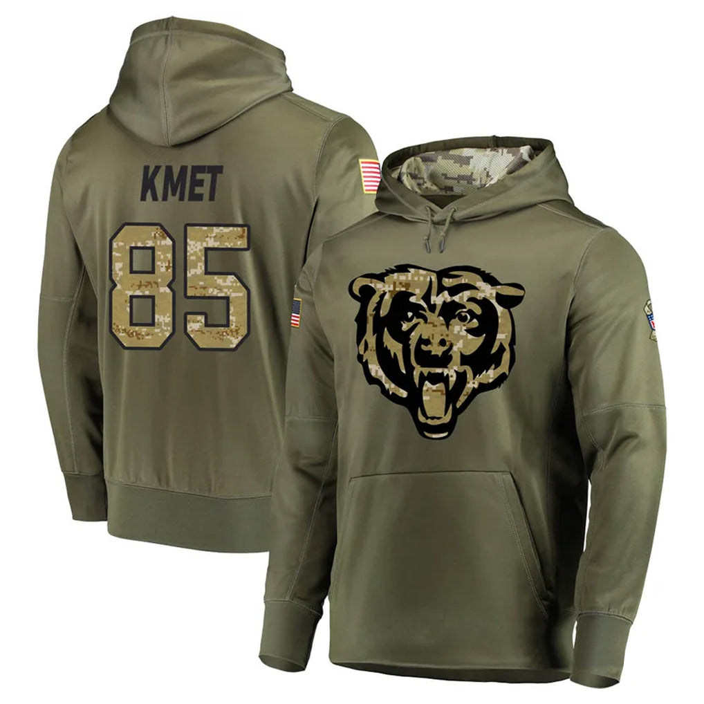 tocy C.Bears #85 Cole Kmet Player Olive Salute to Service Pullover Hoodies Home Game Stitched Jerseys