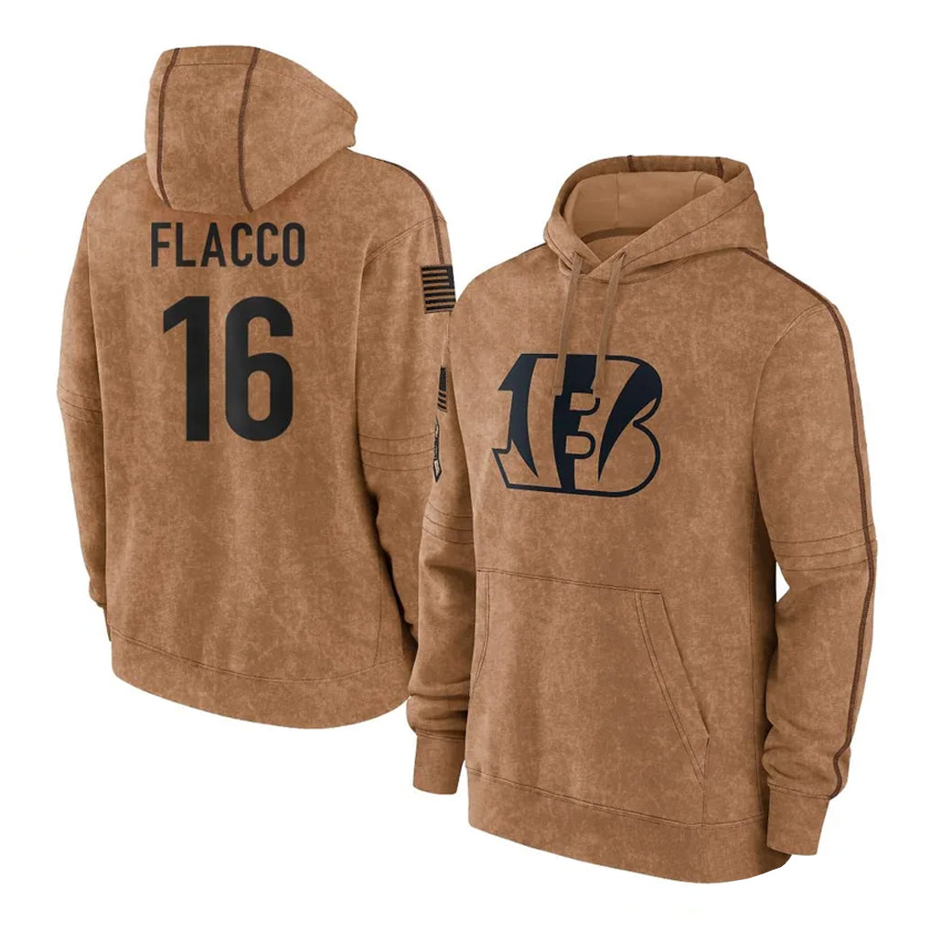 tocy C.Bengals #16 Joe Flacco Player Brown Salute to Service Pullover Hoodie Limited Stitched Jerseys