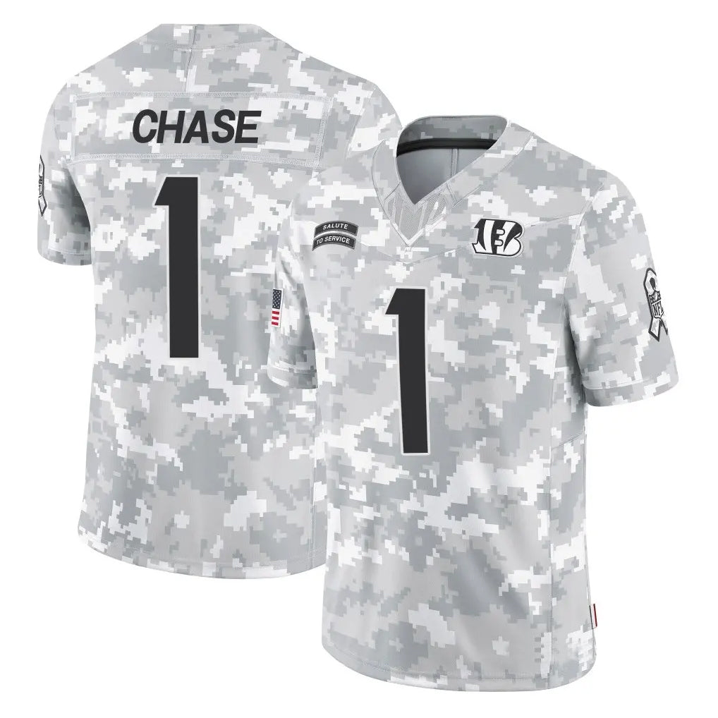 tocy C.Bengals #1 Ja'Marr Chase Player Arctic Camo Salute to Service Limited Stitched Jerseys