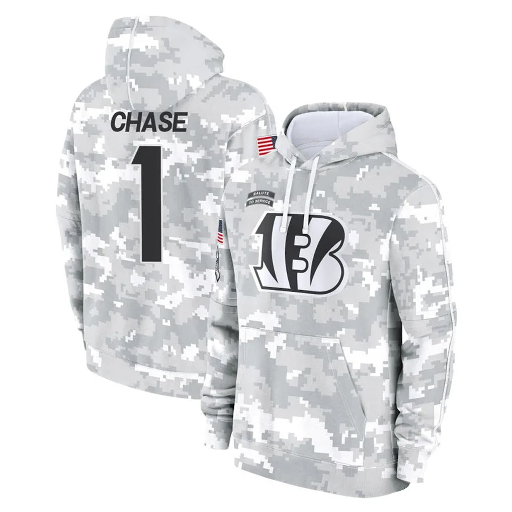 tocy C.Bengals #1 Ja'Marr Chase Player Arctic Camo Salute to Service Pullover Hoodie Limited Stitched Jerseys