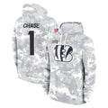 tocy C.Bengals #1 Ja'Marr Chase Player Arctic Camo Salute to Service Pullover Hoodie Limited Stitched Jerseys
