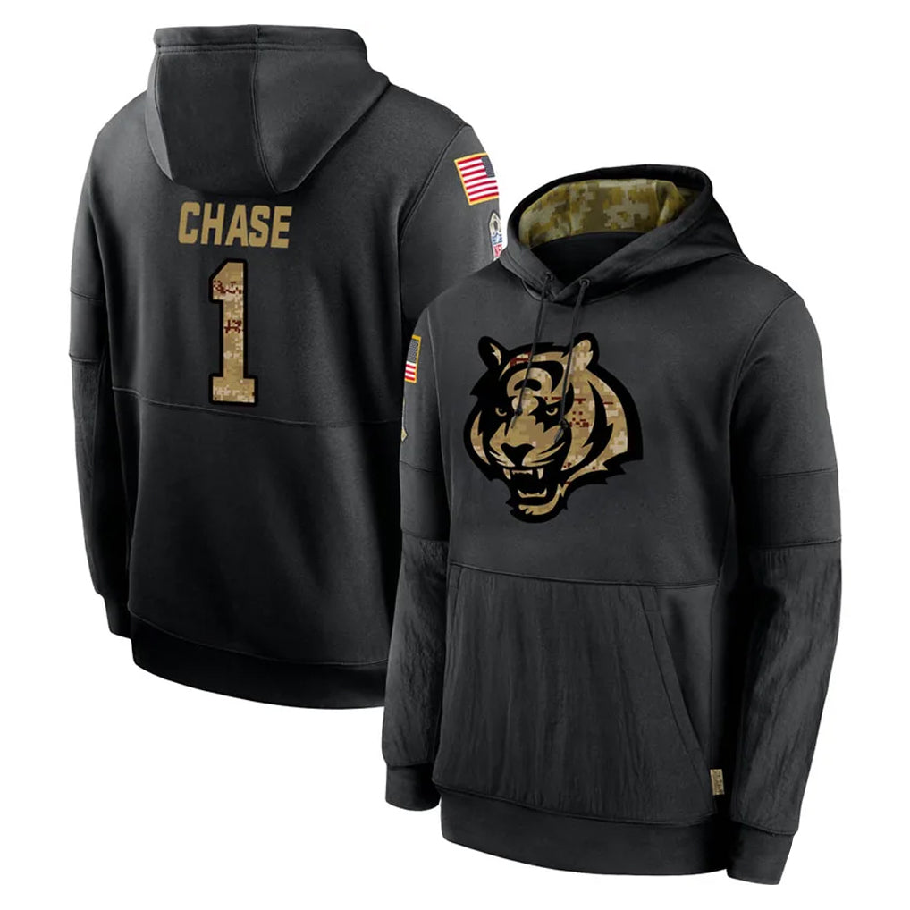 tocy C.Bengals #1 Ja'Marr Chase Player Black Salute to Service Pullover Hoodies Limited Stitched Jerseys