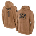 tocy C.Bengals #1 Ja'Marr Chase Player Brown Salute to Service Pullover Hoodie Limited Stitched Jerseys