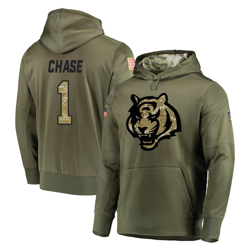 tocy C.Bengals #1 Ja'Marr Chase Player Olive Salute to Service Pullover Hoodies Home Game Stitched Jerseys